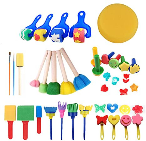URFEDA Malerei Schwamm Pinsel Set Kinder, 30 Stück Schwamm Malpinsel Kit für Kinder Kleinkind Kunstbedarf Set Waschbar Früh Lernen Kinder Pinsel Set für Kleinkind Pinsel Kunstbedarf Geschenke