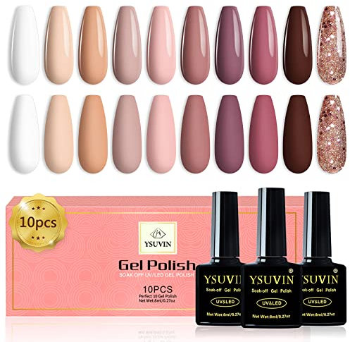 Yueshop Gel Nail Polish Set-10PCS Beige Glitter Sparkle Nude Pink White Light Purple Dark Brown Series Nude Gel Polish, Soak Off UV Gel Nail Varnish Manicure Kit For Women,8ml