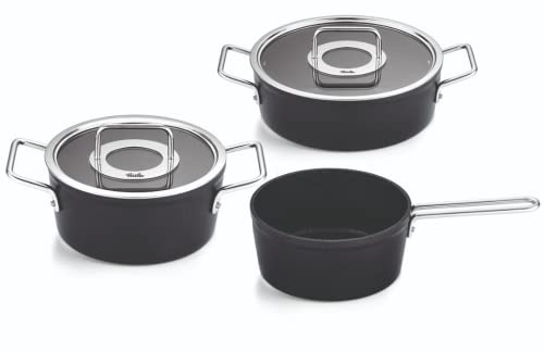Fissler Adamant/Aluminium-Kochtopfset, 3-teilig, Töpfe-beschichtet mit Glasdeckel, antihaftend (1 Kochtopf,1 Bratentopf, 1 Stielkasserolle) - Induktion