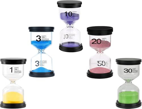 5 Pezzi Clessidra Timer da Cucina per Bambini - Set Colorato con 1/3/10/20/30 Minuti - Sand Clock per Lavarsi Denti, Studio, Lavoro, Fitness Vetro Borosilicato Antiurto