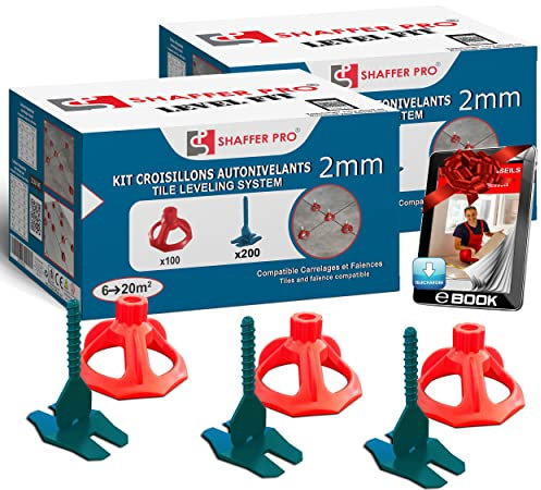Croisillons carrelage autonivelant 2 mm | 400 clips + 200 cadrans réutilisables | 3-22 mm I Shaffer pro | compatible 20mm I système nivellement à visser | aide la pose de carreaux pour pose Sols/murs