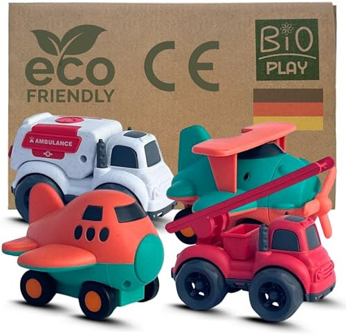 BIOPLAY Bio Kunststoff Spielzeug [4-er Set] Fahrzeuge und Flugzeug | Indoor und Outdoor | Auto Spielsachen ab 1 Jahr nachhaltig | LKW | Sandspielzeug ab 1 Jahr | Gartenspielzeug