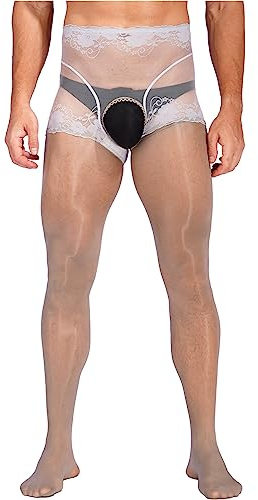 Alvivi Herren Strumpfhosen Ouvert Hose Leggings Spitze Patchwork Pantyhose Lange Unterhosen Base Layer Hosen Unterwäsche B Grau XL