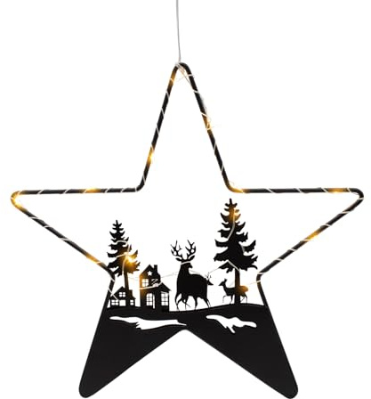 Spetebo LED Stern Silhouette schwarz mit Weihnachts Motiv - 30 cm - Deko Aufhänger mit 14 LED in warm weiß beleuchtet - Schattenbild Winter Szene Weihnachtsdeko Silhouettenbild
