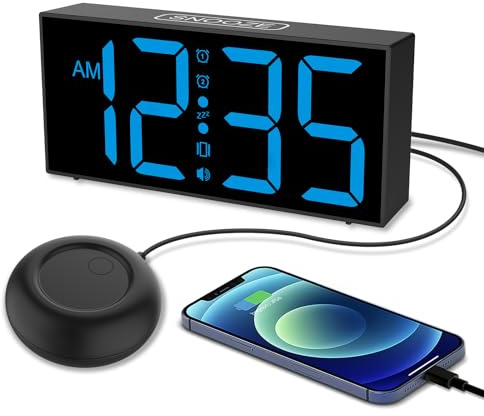 NetzuReloj despertador vibratorio para personas que duermen mucho, fuerte con agitador de cama, pantalla LED grande, alarma dual, 5 reguladores, 4 volúmenes, cargador USB