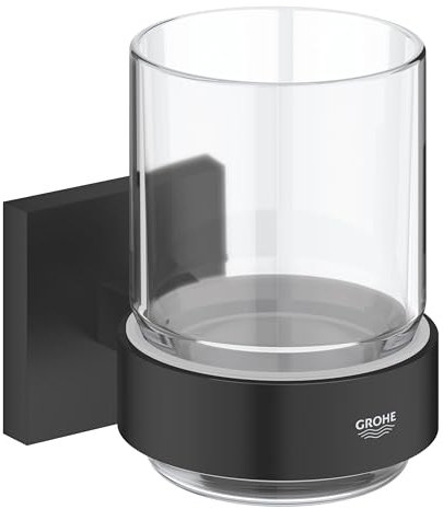 GROHE Start Cube, Glas mit Halter ohne Bohren (für Zahnbürsten und Zahnpasta, verdeckte Befestigung, zum Kleben oder Bohren, inkl Schrauben und Dübel, ohne Kleber), eckig, schwarz, 410972430