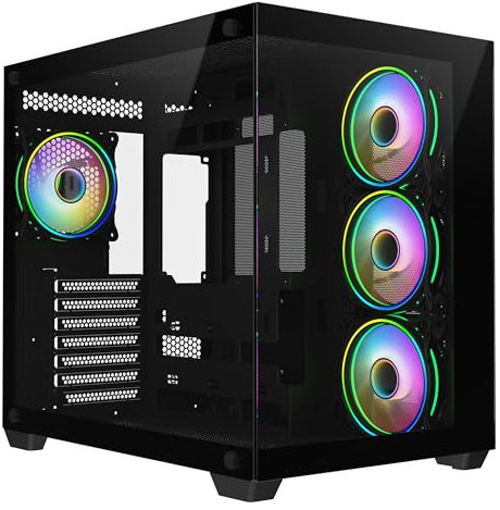 CiT Vision Black Dual Tempered Glass Panelling ATX PC Gaming Cube with 6-Port PWM Fan Controller and 4 x CiT Tornado Infinity 120mm ARGB Dual-Ring Fans Included