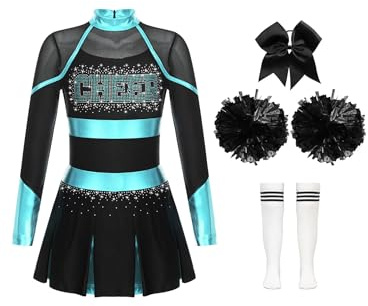 HULIJA Kinder Mädchen Cheer Leader Kleid Langarm Cheerleading Uniform mit Pompoms + Socken + Kopfschmuck Cheer Outfits Set Karneval Cosplay