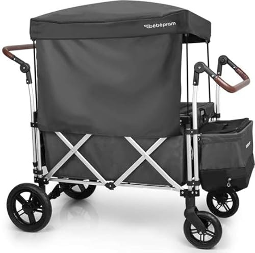 Bebepram S7 Faltbarer Luxus Bollerwagen, Grau Mit Dach und Vorhängen für die Privatsphäre ihrer Kinder! Zwei 5-Punkt-Sicherheitsgurte integriert 1x kostenlose Kühltasche und Getränkehalter