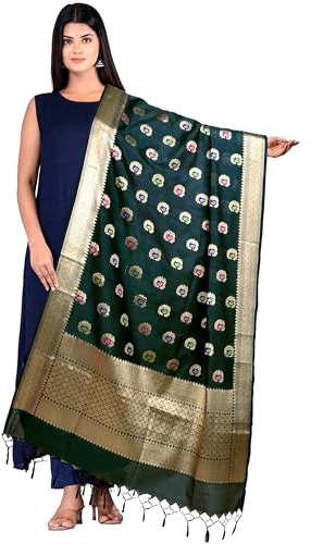 Chandrakala Women's Indian Bottle Green Zari Work Kataan Silk Blend Dupatta Neck Wrap Long Stole Scarf Chunni,Free Size (D265BOT)