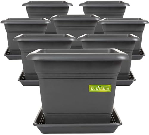 2friends Sustania Pflanzkübel Eckig 28x28 Anthrazit 8er Set - Robuster Blumentopf GroÃŸ, Ãœbertopf Ideal für Tomatenpflanzen, Eckige Pflanztöpfe Kunststoff für Garten & Balkon