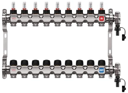 MD Technic Heizkreisverteiler Edelstahl 9 Heizkreise | Mit Durchflussmessern, Handventilen, Montage/Wandhalterungen, Endset zum Befüllen und entlüften, von 2 bis 12 Heizkreisen