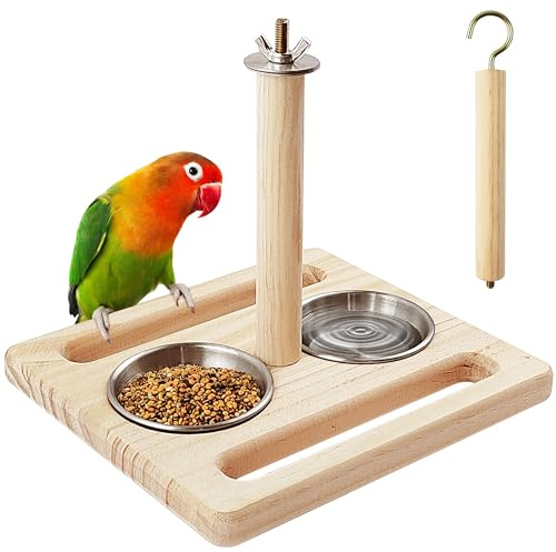 Vogelsitzstange mit Edelstahl-Futternapf, Papageienholz-Sitzstange, Spielzeug, Vogelkäfig-Zubehör, Sittichzubehör für Sittiche, Nymphensittiche, Sittiche, Sittiche, Sittiche, kleine Papageien (große