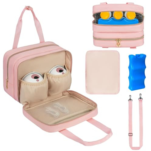 Breastmilk Cooler Travel Bag, Wearable Breast Pump Storage Bag Compatible with Momcozy/Eufy/Elvie/Willow/Medela Breast Pump with Ice Pack and Waterproof Mat,Pink