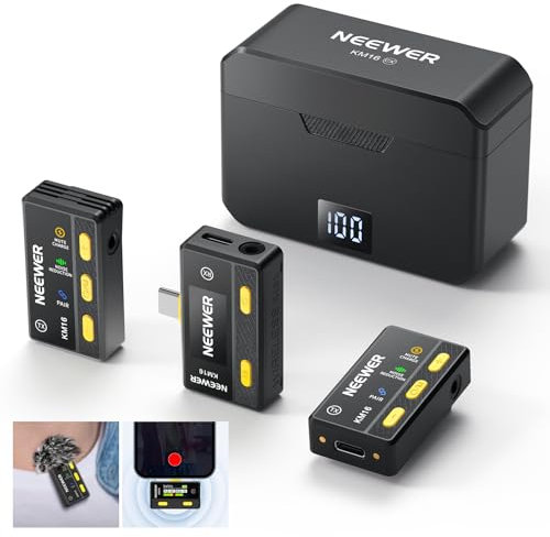NEEWER Micrófono de Solapa Inalámbrico para Teléfono, Cancelar Ruido,Transmisión Largo Alcance 12H Trabajo Micrófono de Solapa con Estuche de Carga Compatible con iPhone 15 Android PC con Tipo C,KM16