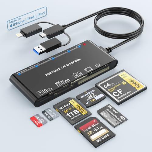 Nuevo lector de tarjetas SD, 7 en 3 Lightning y USB 3.0 y USB C a SD Micro SD MS XD CF, adaptador de lector de tarjetas de memoria de cámara de alta velocidad de 5 Gbps, 5 tarjetas de lectura