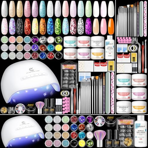 PEACECOLOR 74Pcs Acrylic Nail Kit with Lamp,6 Colours Acrylic Powder and Liquid Set, 24Pcs Glitter Powder Top Coat Base Coat False Nails Brush Nail Art Tools Kit for Beginners