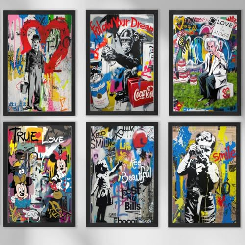 Pop Art Banksy Style 6er Poster Set für Wohnzimmer, Home-Office, Hobbyraum und Büro zum Einrahmen, 6x 30x40 cm
