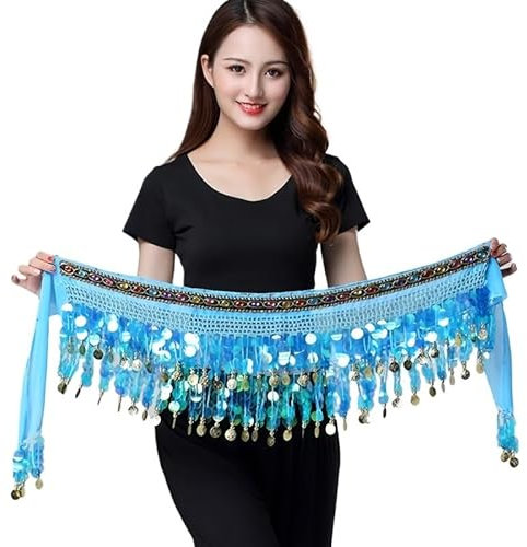 HESHUYAN Bauchtanz HüFttuch Tänzerin Zubehör Bauchtanz Taille Kette Hüfttuch Bauchtanz Münzen Gürtel Tanzen Taille Gürtel Bauchtanz KostüM Damen(Lake Blue)