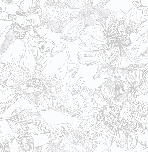 Ismoon Large Floral Peel and Stick Wallpaper Boho White/Grey Contact Paper 17.3inx16.3ft Removable Self Adhesive Bedroom Cabinet Mural Wall Decor Vinyl Roll