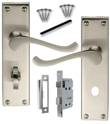 DISCOUNT HARDWARE UK Victorian Satin Nickel Bathroom Lock Handles Pack 150mm x 43mm Backplate, Door Lock Handle, Lockable Bath Door Handle for Interior Doors