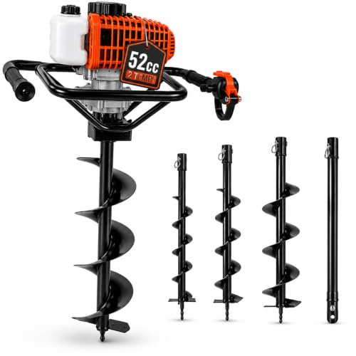 Trivella a scoppio con motore da 52cc 2 tempi con prolunga da 50 cm e 3 punte intercambiabili da 100-150-200mm, mototrivella trivellatrice da giardino e campi, utilizzo professionale e fai da te
