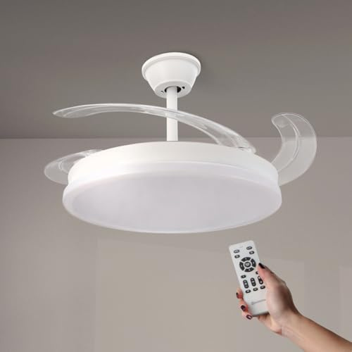 M mimotec-Ventilador de Techo LED White Otah con Aspas Retráctiles, Motor DC Silencioso, Mando a Distancia, Luz CCT e Intensidad Ajustable, 6 Velocidades, Temporizador y Función Verano/Invierno