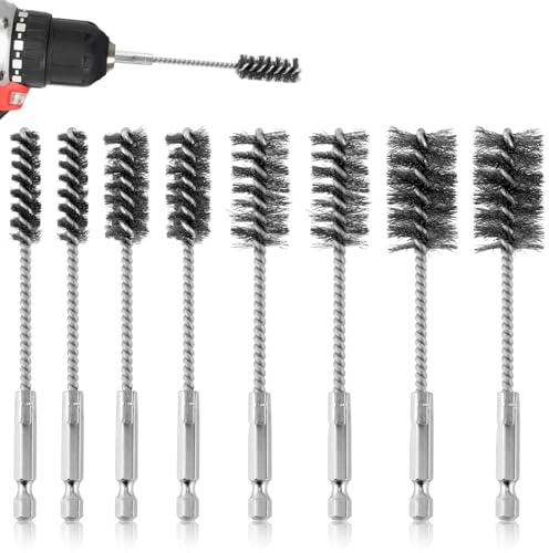 8pcs Bore Brush, Stainless Steel Wire Brush Drill Attachments with 1/4 Inch Hex Shank Twisted Wire Cleaning Tools for Power Drill Impact Driver, Sizes 9.7/14/19/ 22mm
