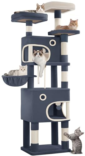 Hzuaneri Arbre à Chat Hauteur 180 cm, Tour de Jeux pour Chat avec 8 Griffoirs, 3 Plateformes, 2 Niches, Panier, Pompons, Convient Aux Chats de Toutes Tailles, Gris Foncé MS18018SG