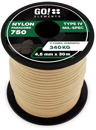GO!elements Paracord 750 Tipo IV | Cuerda de Nylon 100% Resistente y Extremadamente Estable | ø 4,5 mm - 11 núcleos - MAX. 340 KG | Cuerda Multifuncional y reepsnoer para Supervivencia, Camping