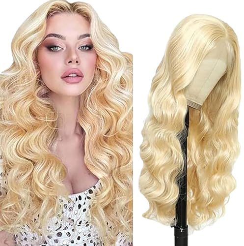 Shoaiye 13x4 Lace Front Echthaar Perücke Damen Body Wave Human Hair Wig Wear and Go Glueless Remy Pre Plucked Natural Hairline 150% Density #613 Blonde Color for Woman 34 Inch