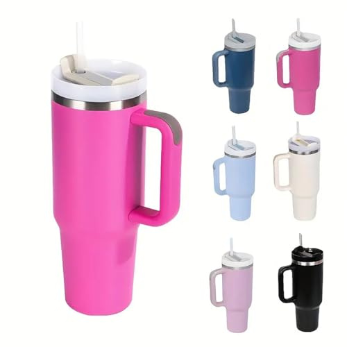 Travel Mug Coffee Cup 40oz Tumbler Straw Lid and Handle, Stainless Steel Insulated Water Bottle - Leakproof, Insulated Water Bottle with Handle and Straw Cup for Home, Office, Car, Travel (pink)