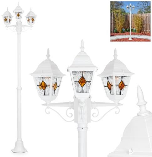 HOFSTEIN Kandelaber Naofe, Außenwegeleuchte aus Metall/Glas in Weiß/Klar/Orange, Wegebeleuchtung 220 cm, 3 x E27, IP44, Wegeleuchte im Vintage-Design für Garten, Außenbereich, Hof
