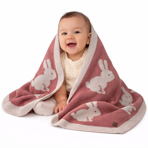 Little Dedi Hase Babydecke 80x100 cm – Weiche, beidseitig verwendbare Acryl-Strickdecke mit Schleife – Oeko-TEX Zertifiziert – Antique Rose