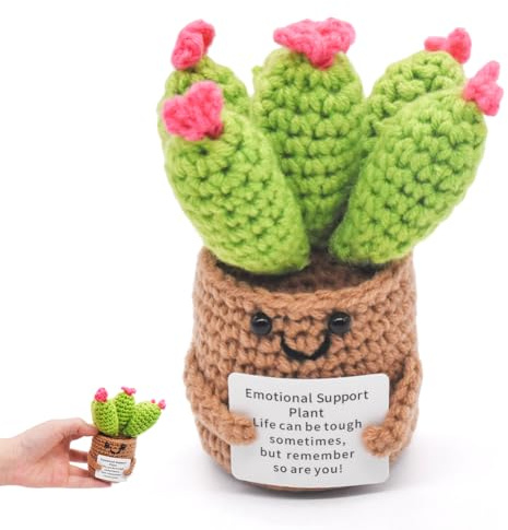 LKNBIF Crochet Succulent Doll, Positive Succulent Ornament Knitted Potted Plant Emotional Support Toy with Positive Card Cactus, for Adults Kids Friends Home Office Decoration, Fiber Yellow