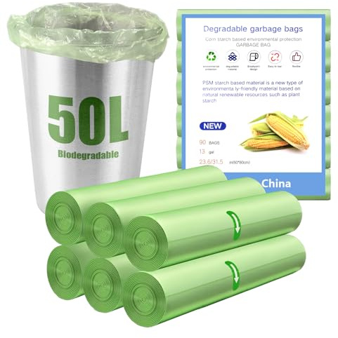 YOMKILU 90 stycken ekologiska soppåsar 50 l, 6 rullar 60 x 80 cm soppåsar, komposterbara, 13 galler, slitstarka soppåsar, fackpåsar för hem, kök, vardagsrum, kontor, grön