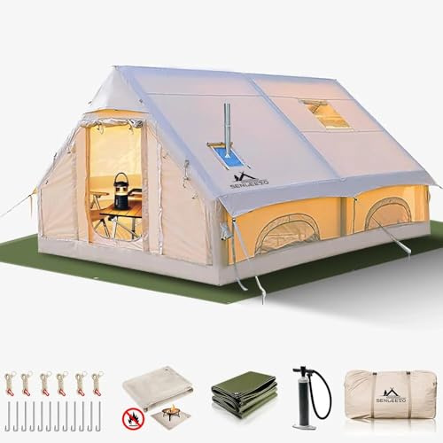 13' x 10' Large Inflatable Tent for Camping 8-10 Person, 4 Season Inflatable Hot Tent with Stove Jack, Easy Setup Blow Up Tents for Camping with Hand Pump, Waterproof Floor Matress