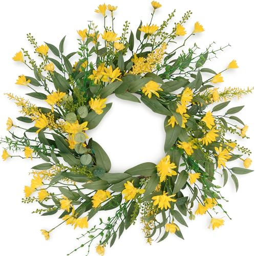 COLORSPEC Artificial Door Wreath Spring Summer Wreaths for Front Door with Daisy 46cm/18inch Eucalyptus Front Door Wreath for Farmhouse Window Wall Fireplace Inside&Outside