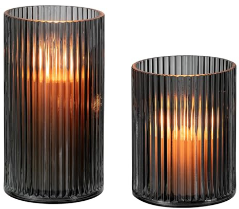 Glasseam Schwarz Windlicht Glas: 2 Stück Gerippt Kerzenhalter (S+L) | Verstärktes Glas, 2 Verschiedene Größen, Tischdeko, Vase, Windlicht Outdoor, Für Wohnzimmer Deko