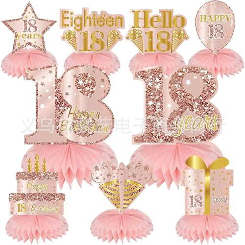18th Birthday Table Decorations 9 PCS Rose Gold Happy 18th Birthday Decorations Paper Table Honeycomb Centerpieces Rose Gold 18th Party Supplies