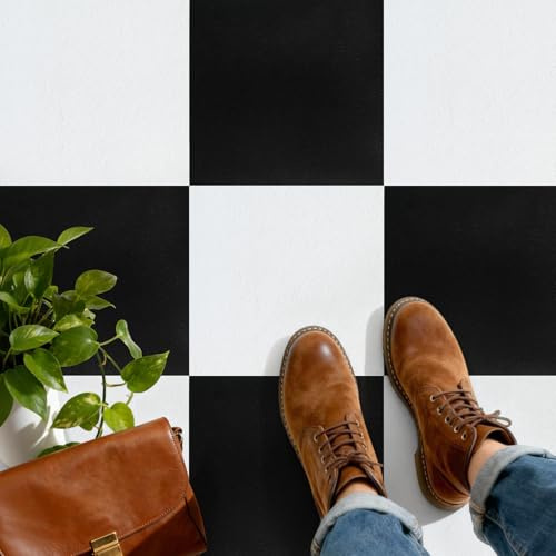 30 Pack Peel and Stick Floor Tiles, 30 x 30 cm Self Adhesive Vinyl Tiles, Black and White Checkered Pattern, DIY Flooring for Kitchen, Bathroom, Bedroom and Dining Room