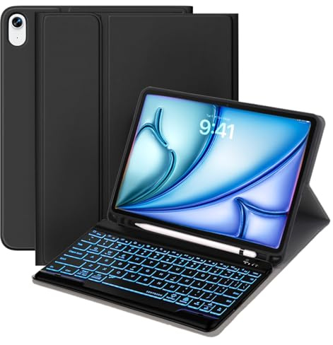 HikerClub Funda con teclado para iPad Air de 11 pulgadas (M4 2026 / M3 2025 / M2 2024) con soporte para lápiz, cubierta de teclado desmontable retroiluminada de 7 colores para iPad Air 5ª 4ª