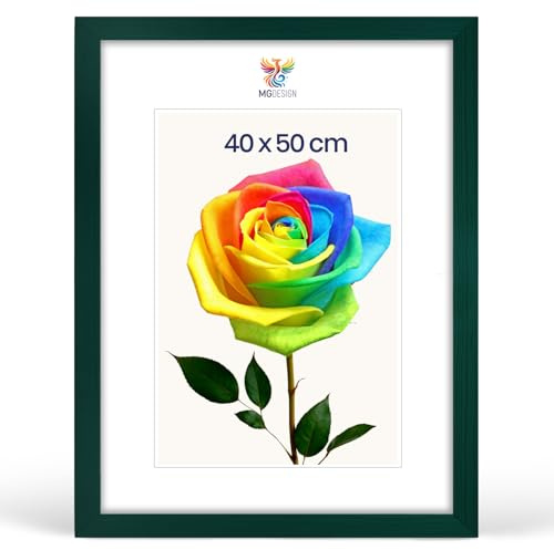 MG Design Bilderrahmen 40 x 50 cm – Posterrahmen mit Grün Holzrahmen (Echtholz) und bruchsicherem Acrylglas, Hoch & Quer mit stabiler Wandaufhängung