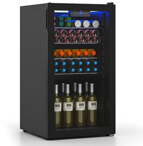 COSTWAY 78L Under Counter Drink Fridge, 116 Can Quiet Frost Free Fridge with LED Light, 4 Adjustable Removable Shelves, Glass Door & Temperature Control, Freestanding Wine Beverage Cooler