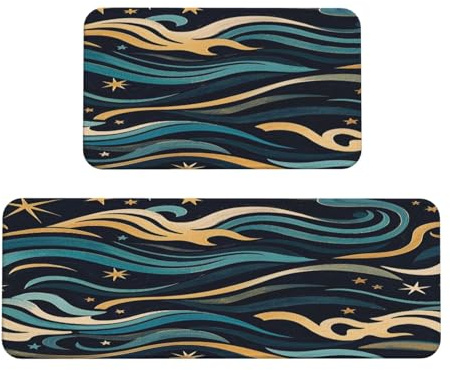 Vintage Abstract Wave Star Art Prints Kitchen Rugs Set of 2, Cushioned Anti-Fatigue Kitchen Mats for Floor, Waterproof Comfort Standing Mat Absorbent Velvet Kitchen Runner Rugs 17x30+17x47