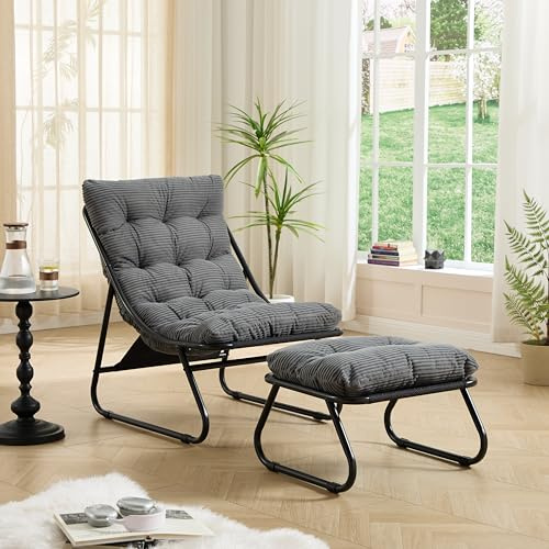 Ball & Cast Outdoor Lounge Sessel, Relaxsessel mit Hocker und Cushion für Garten, Balkon, Wohnzimmer & Schlafzimmer, Grau