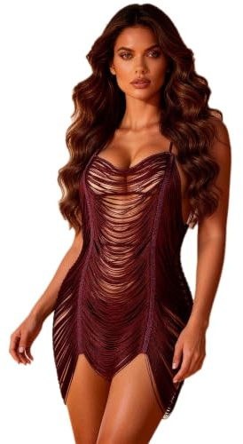 ohmydear - Camisón sexy para mujer, transparente con flecos, vestido de playa corto con tirantes y cuello en V, vestido de noche asimétrico calado y bikini cover para verano Clubwear S-2XL