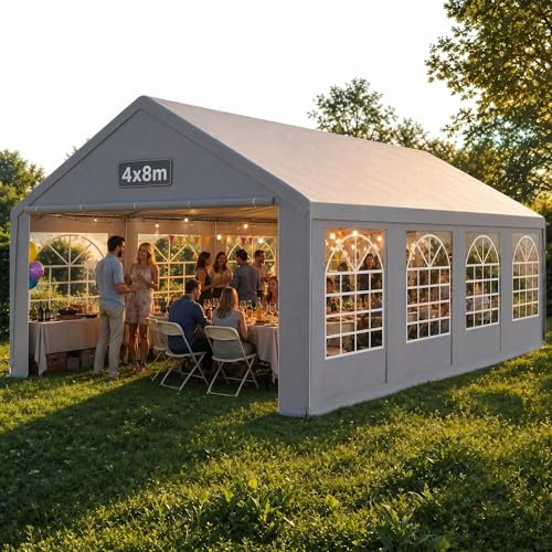 QEENTOE Partyzelt 4x8 m Wasserdicht UV-Schutz, Stabiler Garten Pavillon mit Seitenteilen und Fenstern, Winterfest PE-Plane Festzelt für Hochzeit Feier Außenbereich Grau