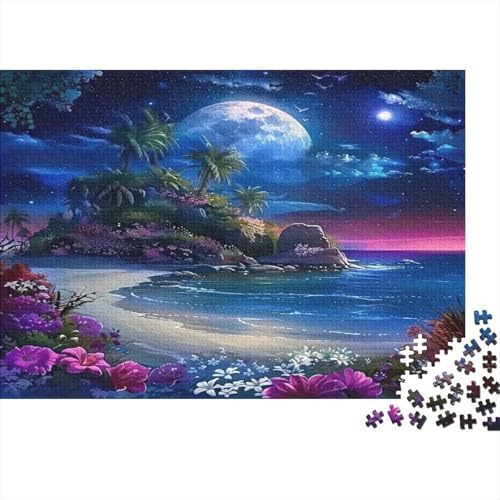 Isla Tropical Playa Nocturna Puzzle de 1000 Piezas Papel para Adultos Vista Costera Bañada de Luna Relajación Decoración Regalo Familiar 70x50cm/1000pcs
