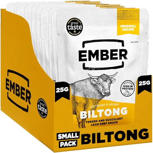 Ember Biltong de Bœuf Original 250 g - Viande Séchée Beef Jerky Riche en Protéines - En-cas Faible en Gras, Sans Sucres Ajoutés, Keto, Sans Colorants ni Arômes Artificiels - 10 Sachets de 25 g
